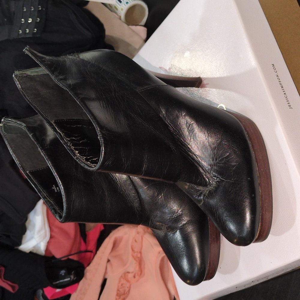 Black booties with faux wood platform and heel